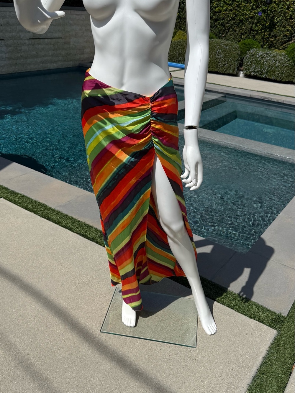 Multicolor Striped Skirt with Side Ruched Slit